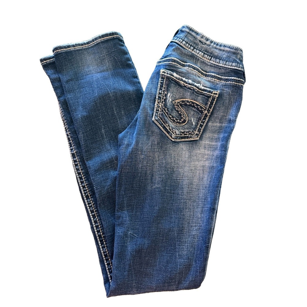 Silver Jeans Womens 26×34 Suki Mid Straight Whiskered Distressed Denim Cowgirl